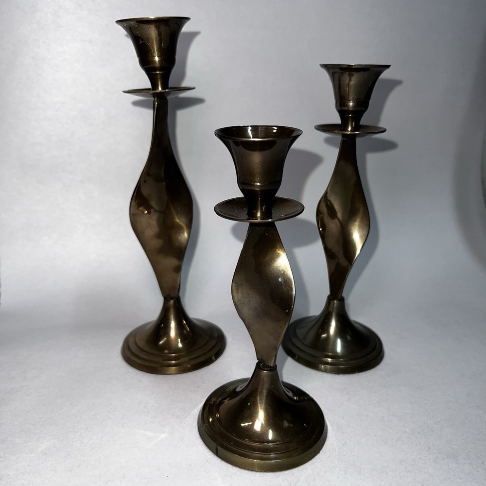 Vintage Brass Twisted Stem Candlesticks / Candle Holders Set Of 3 India / Mcm